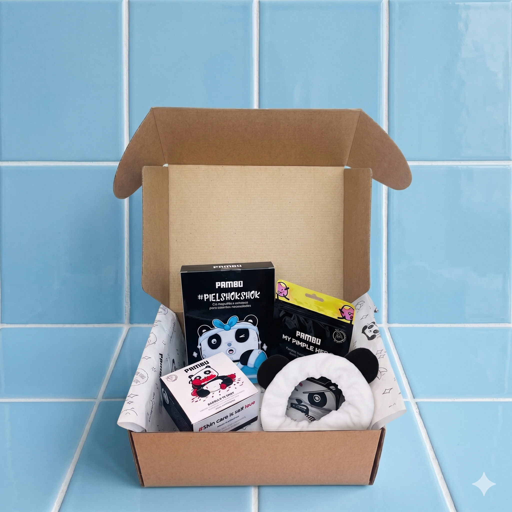 Cajita PAMBÚ #1 – Kit Skincare Completo: 10 Mascarillas + Parches para Ojos, Anti Acné y Bandana